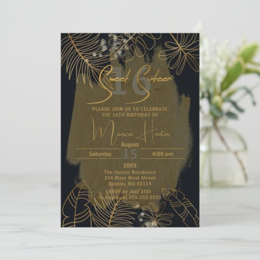 シックな黒い金ゴールドきらびやかなトロピカルオリーブスウィート16 招待状 (スタンド正面)