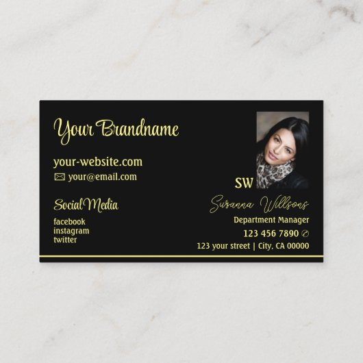 シックな黒い黄色のストライプとモノグラムと写真 名刺 (裏面)