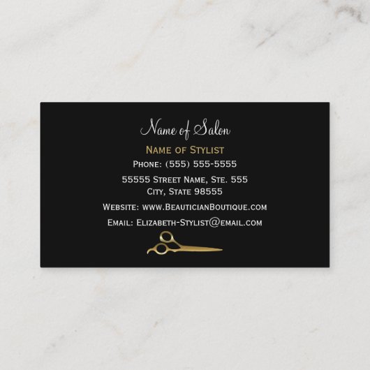 シックな黒および金ゴールドのヘアーサロンの白いトラは縞で飾ります 名刺 (裏面)
