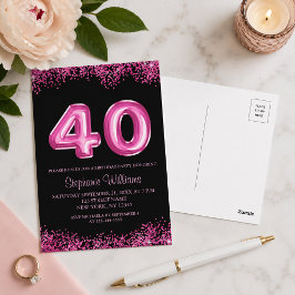 シックな黒とピンクの40歳の誕生日パーティーの招待状 ポストカード