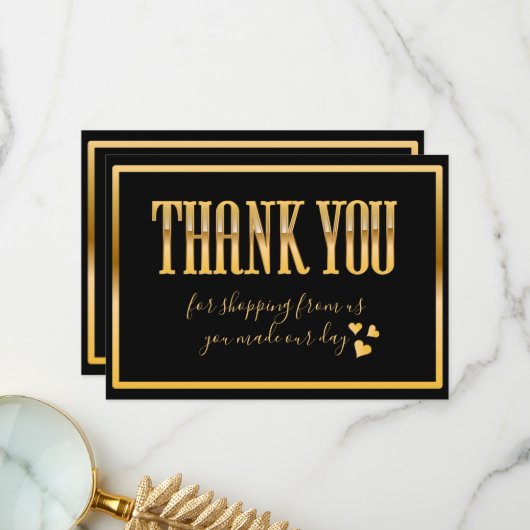 シックな黒と明るい金ゴールド サンキューカード (正面/裏面インサイチュ)