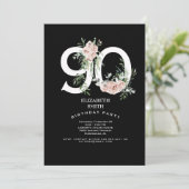 シックな黒と白にピンクのバラ 90歳の誕生日お祝い 招待状 (スタンド正面)