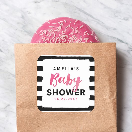 シックな黒と白のストライプピンク赤ちゃんシャワー スクエアシール