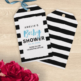 シックな黒と白のストライプブルーベビーシャワー ギフトタグ