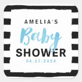 シックな黒と白のストライプブルーベビーシャワー スクエアシール (正面)