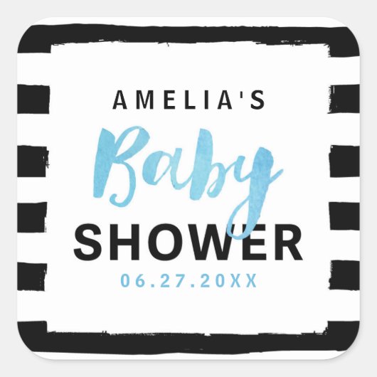 シックな黒と白のストライプブルーベビーシャワー スクエアシール (正面)