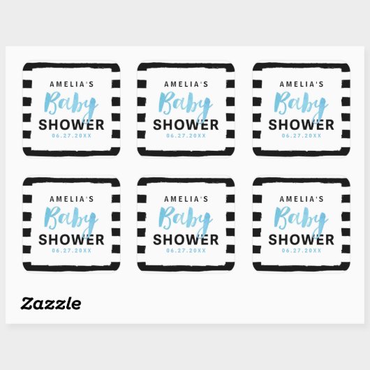 シックな黒と白のストライプブルーベビーシャワー スクエアシール (シート)