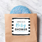 シックな黒と白のストライプブルーベビーシャワー スクエアシール