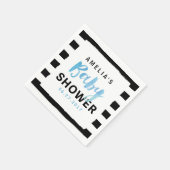 シックな黒と白のストライプブルーベビーシャワー スタンダードカクテルナプキン (角)