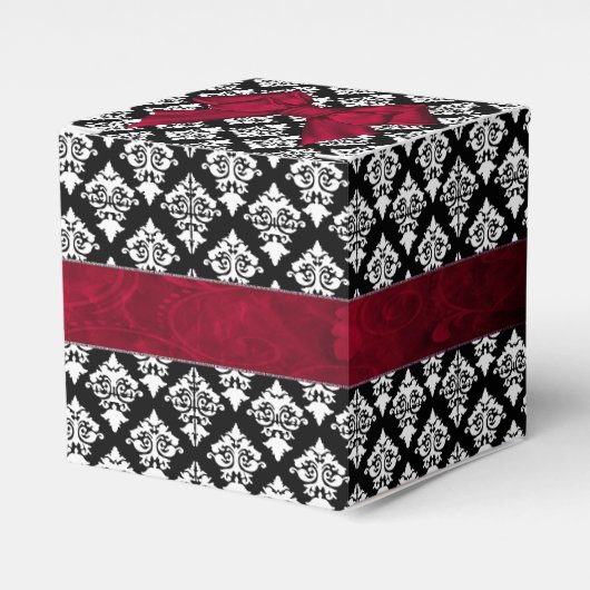 シックな黒と白のダマスクの結婚式のお願いギフトボックス フェイバーボックス (正面サイド)