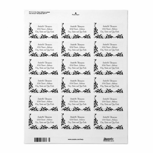 シックな黒と白のダマスクフローリッ縁どシュ ラベル (フルシート)