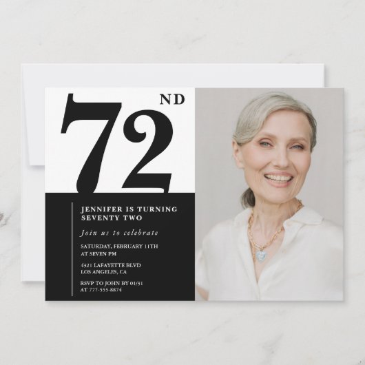 シックな黒と白の写真 72歳の誕生日 招待状 (正面)