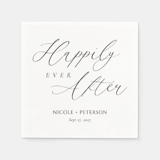 シックな黒と白の幸せな後結婚の スタンダードカクテルナプキン (正面)