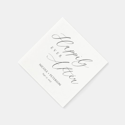 シックな黒と白の幸せな後結婚の スタンダードカクテルナプキン (角)