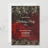 シックな黒と赤と金ゴールド花グリッターモノグラ 招待状 (正面)