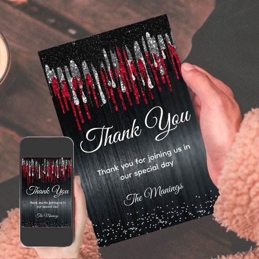 シックな黒と赤の銀のグリッターが乾感謝していく カード