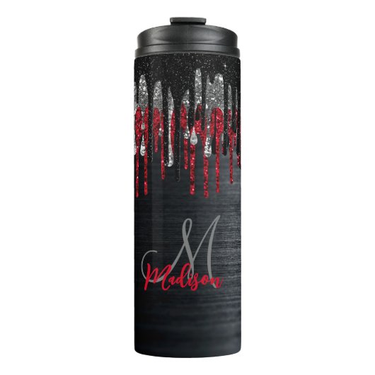 シックな黒と赤の銀のグリッタードリップモノグラム タンブラー (正面)
