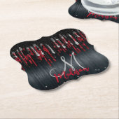 シックな黒と赤の銀のグリッタードリップモノグラム ペーパーコースター (アングル)