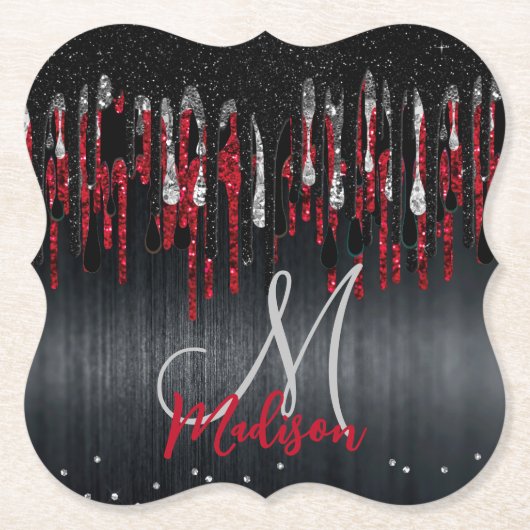 シックな黒と赤の銀のグリッタードリップモノグラム ペーパーコースター (正面)