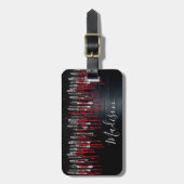 シックな黒と赤の銀のグリッタードリップモノグラム ラゲッジタグ (正面縦)