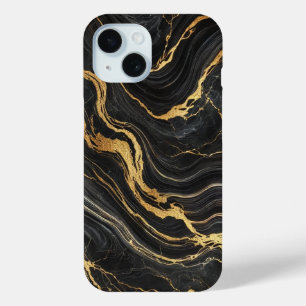 シックな黒と金のメタリックな大理石調の華やかさ iPhone 15ケース