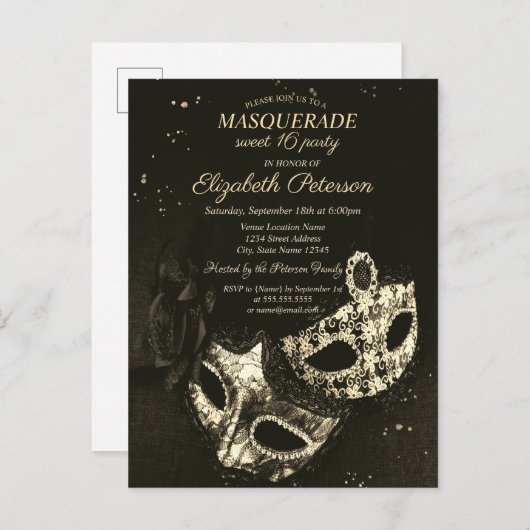 シックな黒のマスカレード、マスク甘い16 インビテーションポストカード (正面/裏面)