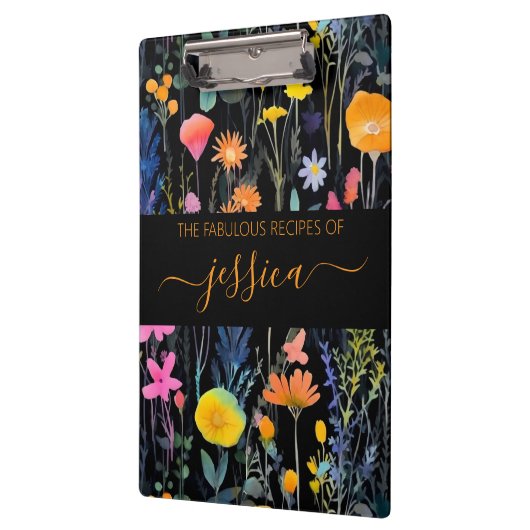 シックな黒の水色のワイルドフラワーネームレシピ クリップボード (左)