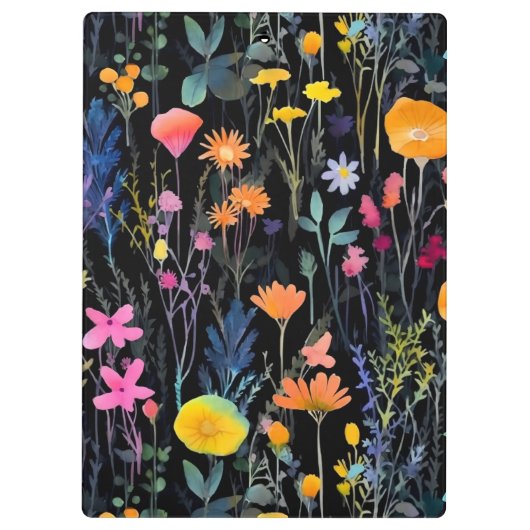 シックな黒の水色のワイルドフラワーネームレシピ クリップボード (裏面)