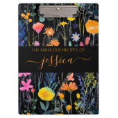 シックな黒の水色のワイルドフラワーネームレシピ クリップボード (正面)