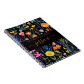 シックな黒の水色のワイルドフラワーネームレシピ ノートブック (右側)