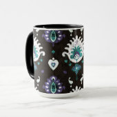 シックな黒の緑の紫のイカットの部族柄 マグカップ (正面左)