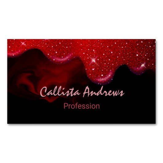 シックな黒の赤いドリッピンググリッター大理石 マグネット名刺 (正面)