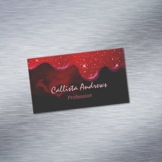 シックな黒の赤いドリッピンググリッター大理石 マグネット名刺 (インサイチュ)