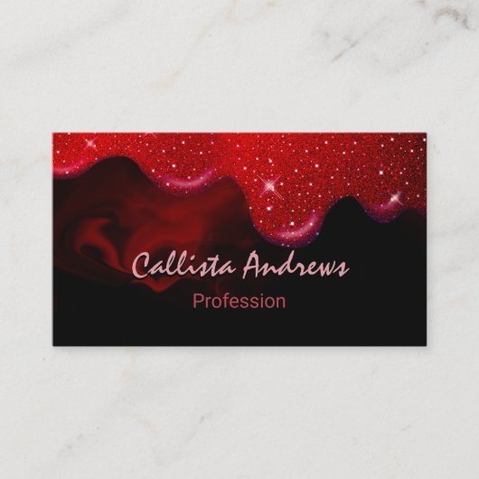 シックな黒の赤いドリッピンググリッター大理石 名刺 (正面)
