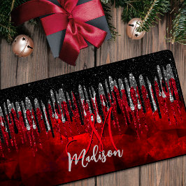 シックな黒の赤い銀のグリッタードリップモノグラム デスクマット