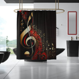 シックな黒の赤と金ゴールドクレフ、 音符記号 シャワーカーテン