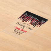 シックな黒の赤と銀のグリッタードリップ誕生日 アクリル招待状 (レイダウン)