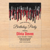 シックな黒の赤と銀のグリッタードリップ誕生日 アクリル招待状 (正面)