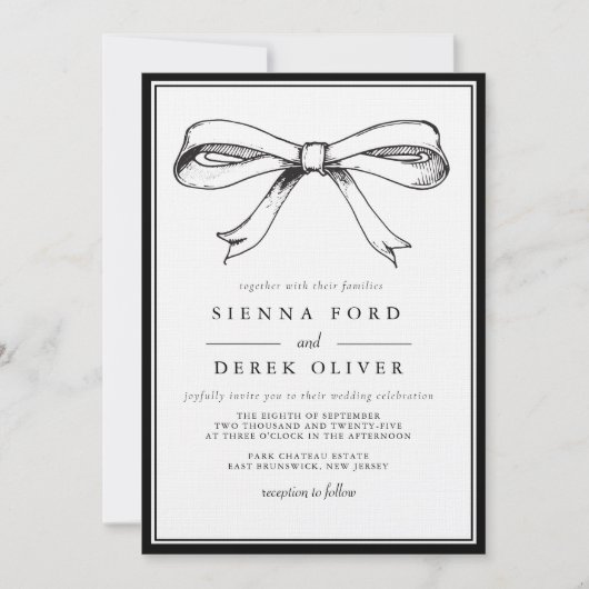 シックな黒エレガント手引きボウ結婚ズ 招待状 (正面)