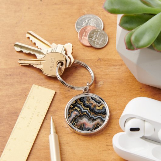 シックな黒コーラルピンクホワイト金ゴールド大理石パターン キーホルダー (デスク)