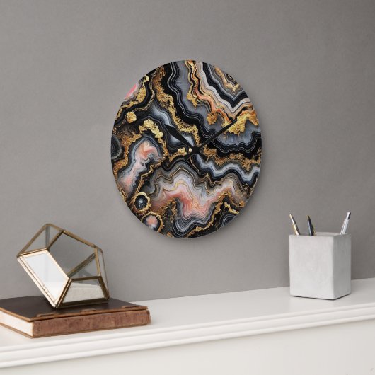 シックな黒コーラルピンクホワイト金ゴールド大理石パターン ラージ壁時計 (オフィス)