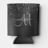 シックな黒ブラシ仕上げ金属ドリッピンググリッターモノグラム 缶クーラー (正面)