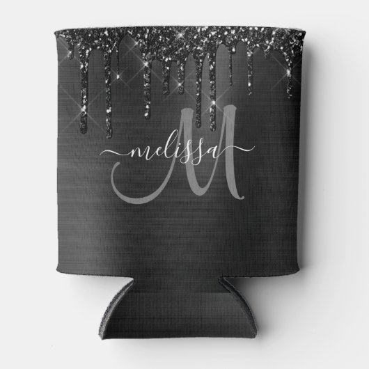 シックな黒ブラシ仕上げ金属ドリッピンググリッターモノグラム 缶クーラー (正面)