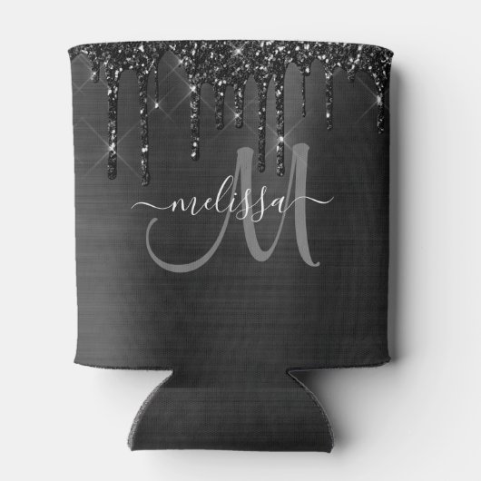 シックな黒ブラシ仕上げ金属ドリッピンググリッターモノグラム 缶クーラー (裏面)