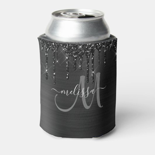 シックな黒ブラシ仕上げ金属ドリッピンググリッターモノグラム 缶クーラー (缶裏面)