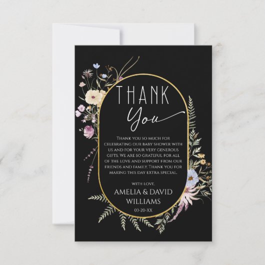 シックな黒モダン赤ちゃんシャワー サンキューカード (正面)