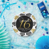 シックな黒及び金ゴールドのダイヤモンドの第16誕生日のカスタム ペーパープレート (パーティー)