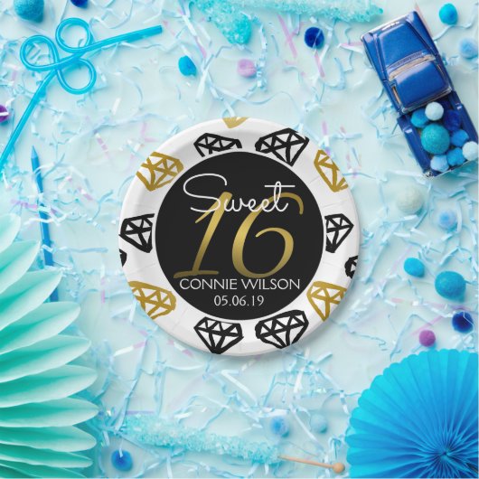 シックな黒及び金ゴールドのダイヤモンドの第16誕生日のカスタム ペーパープレート (パーティー)