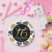 シックな黒及び金ゴールドのダイヤモンドの第16誕生日のカスタム ペーパープレート (パーティー)