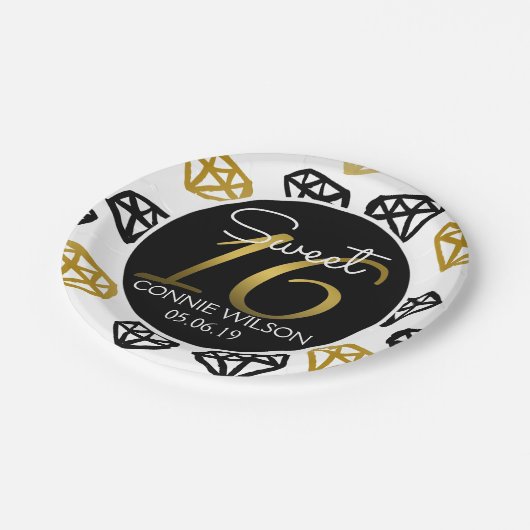 シックな黒及び金ゴールドのダイヤモンドの第16誕生日のカスタム ペーパープレート (アングル)